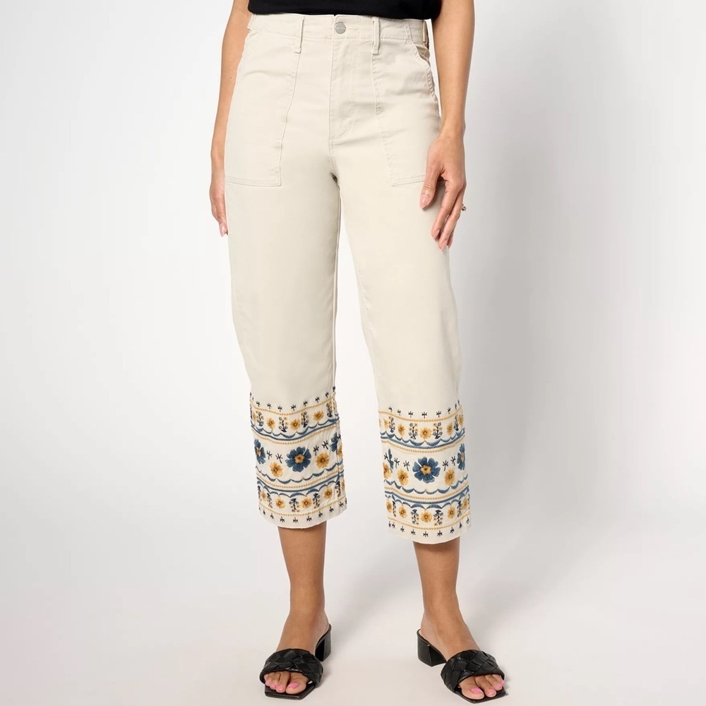 Driftwood Khaki Jeans Utility Boyfriend Crop Pants Floral Embroidery Boho Blue